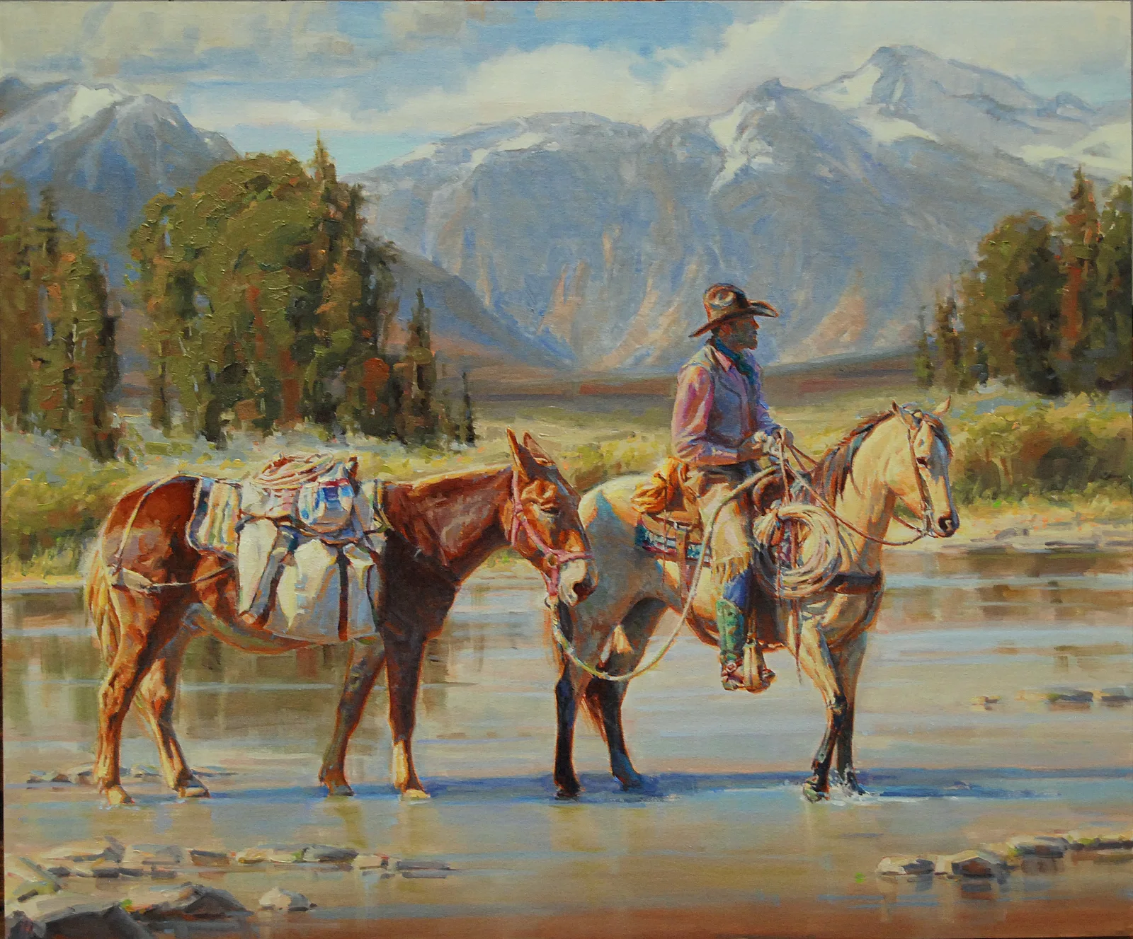 Western rider and pack mule in a mountain landscape painting by Scott Myers