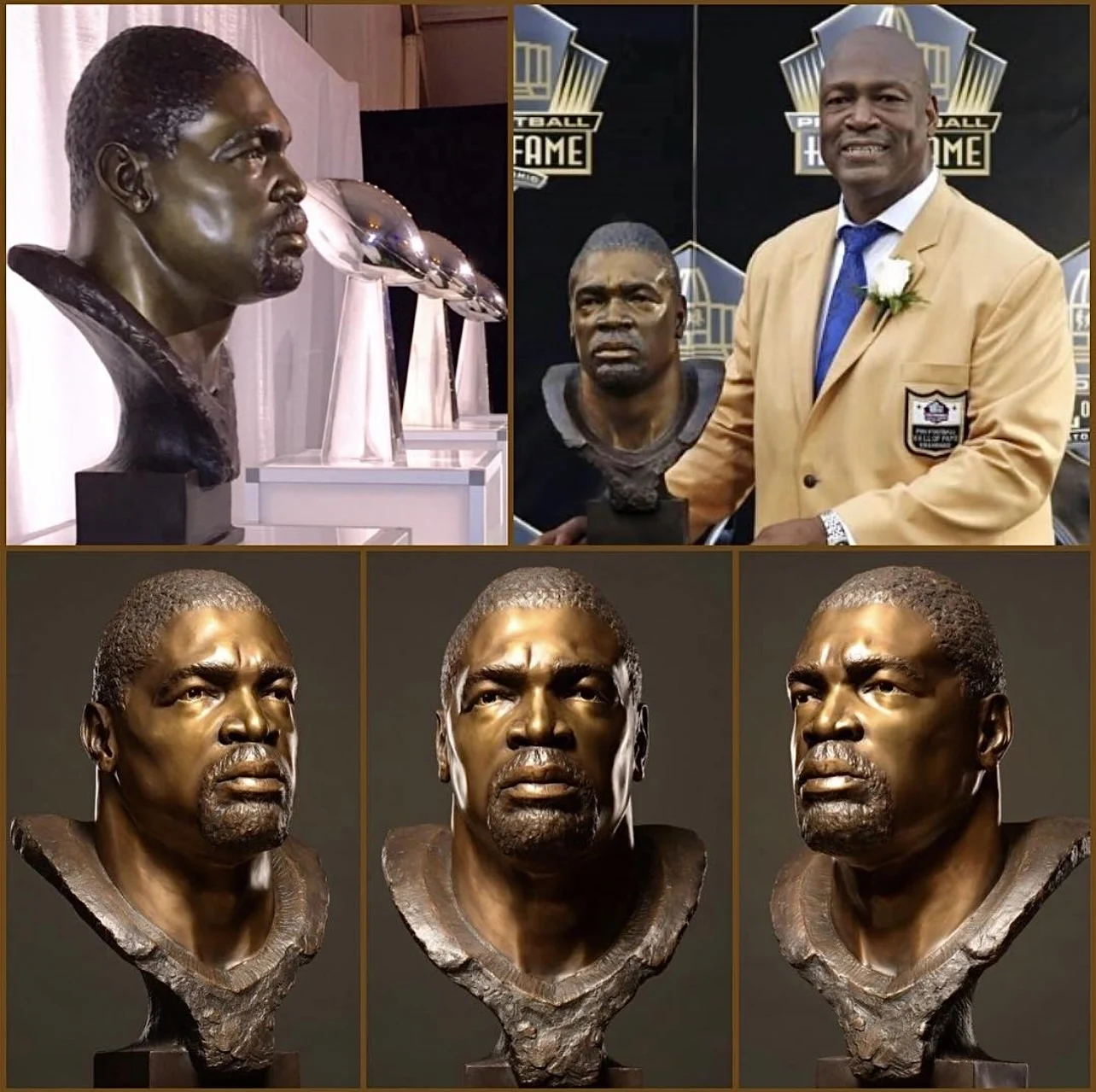 Charles Haley portrait bust collage with Hall of Fame portrait and bronze bust views