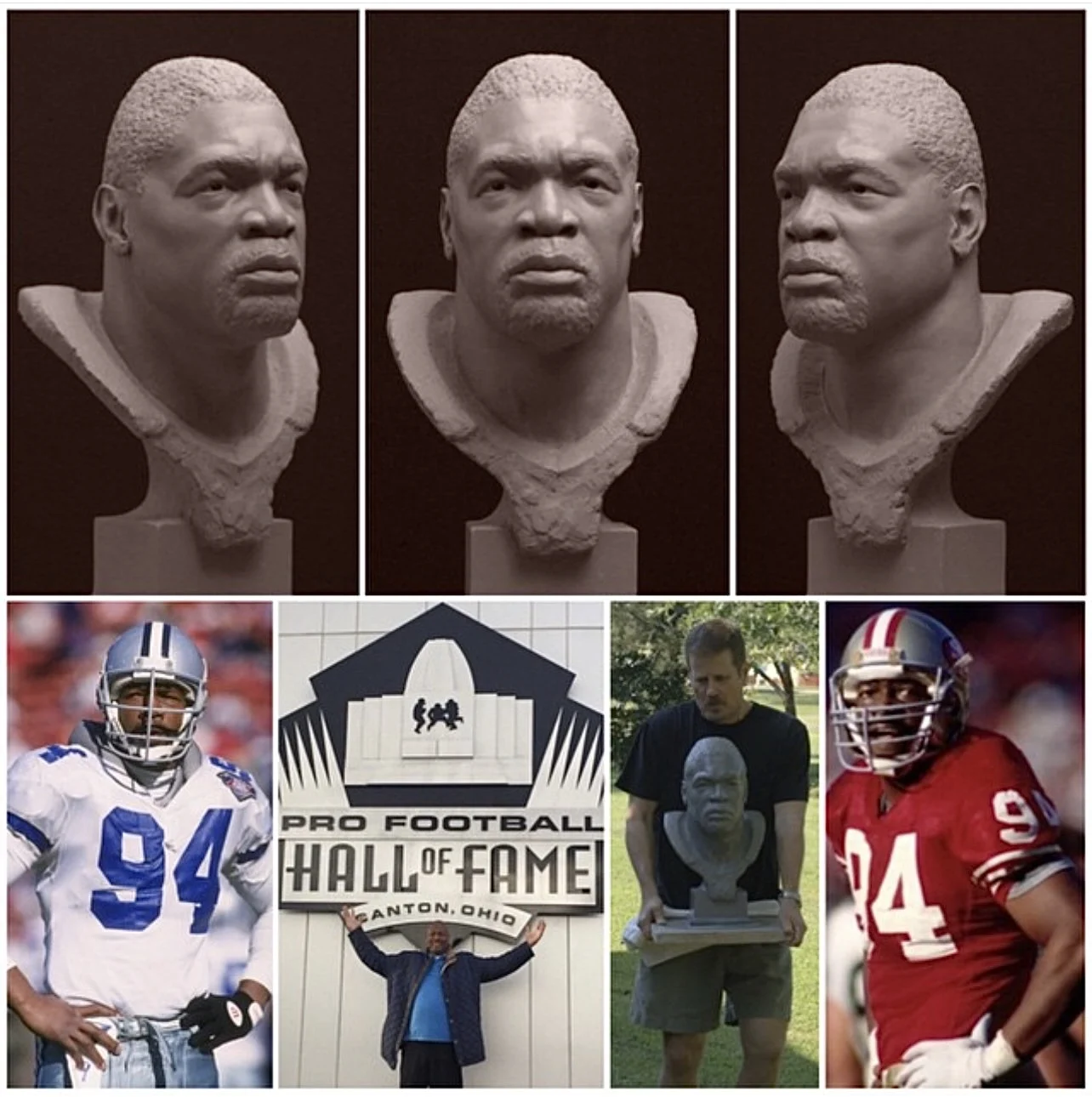 Charles Haley sculpture process collage with football photos and bust references