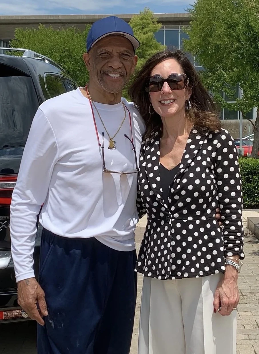 Drew Pearson standing with Scott Myers outside the Pro Football Hall of Fame