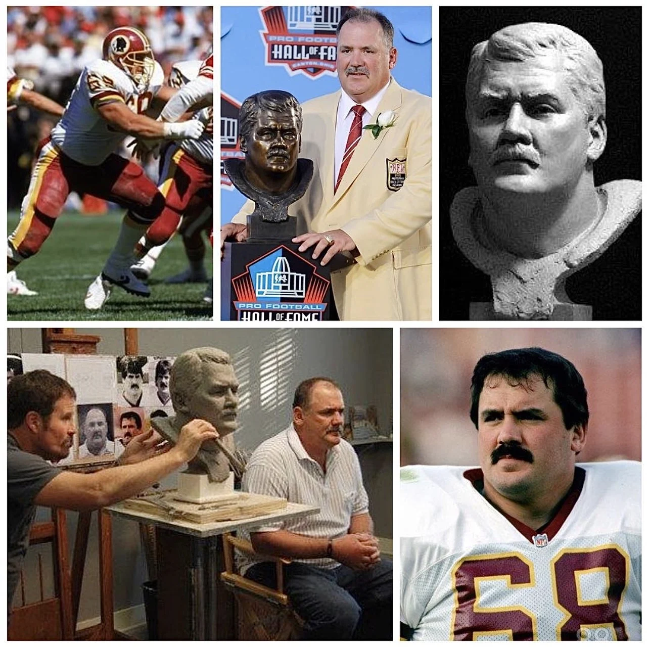 Russ Grimm collage with football photos, Hall of Fame bust, and Scott Myers studio sitting
