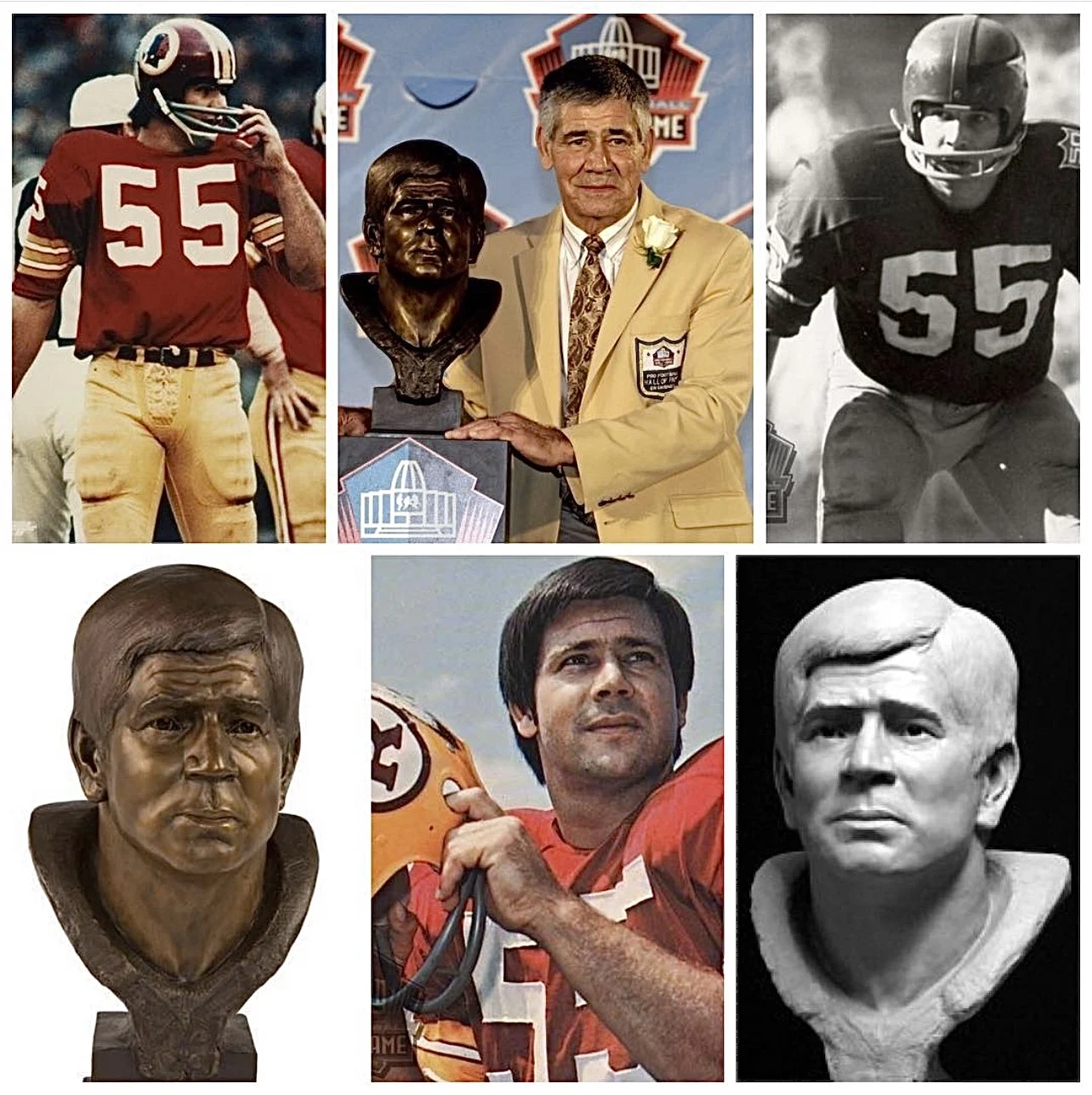 Chris Hanburger collage with football photos and Pro Football Hall of Fame portrait bust