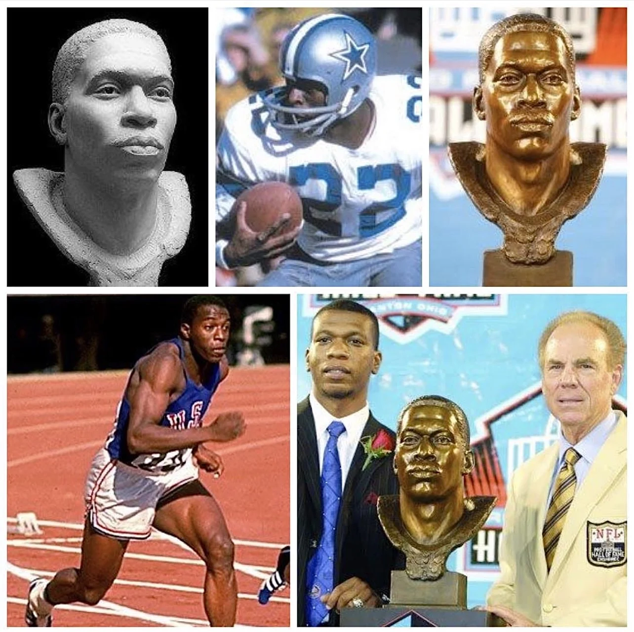 Bob Hayes collage with sprinting photo, football photo, and Pro Football Hall of Fame portrait bust