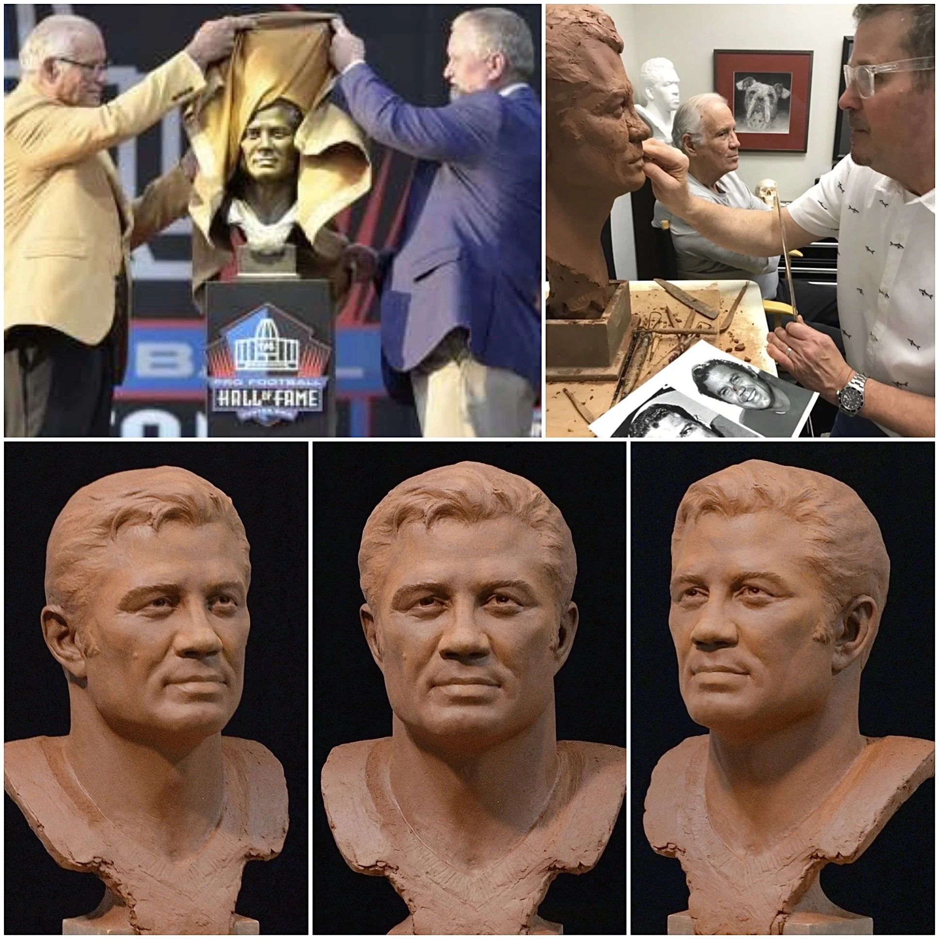 Johnny Robinson sculpture process collage with bust views and Hall of Fame reveal