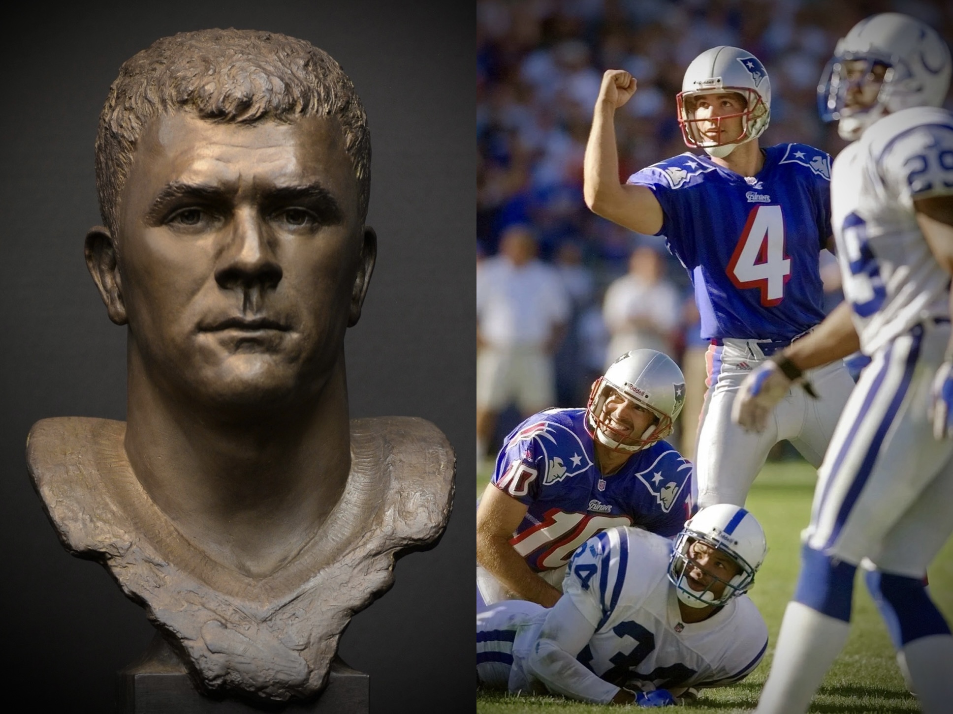 Adam Vinatieri portrait bust beside a New England Patriots game photograph