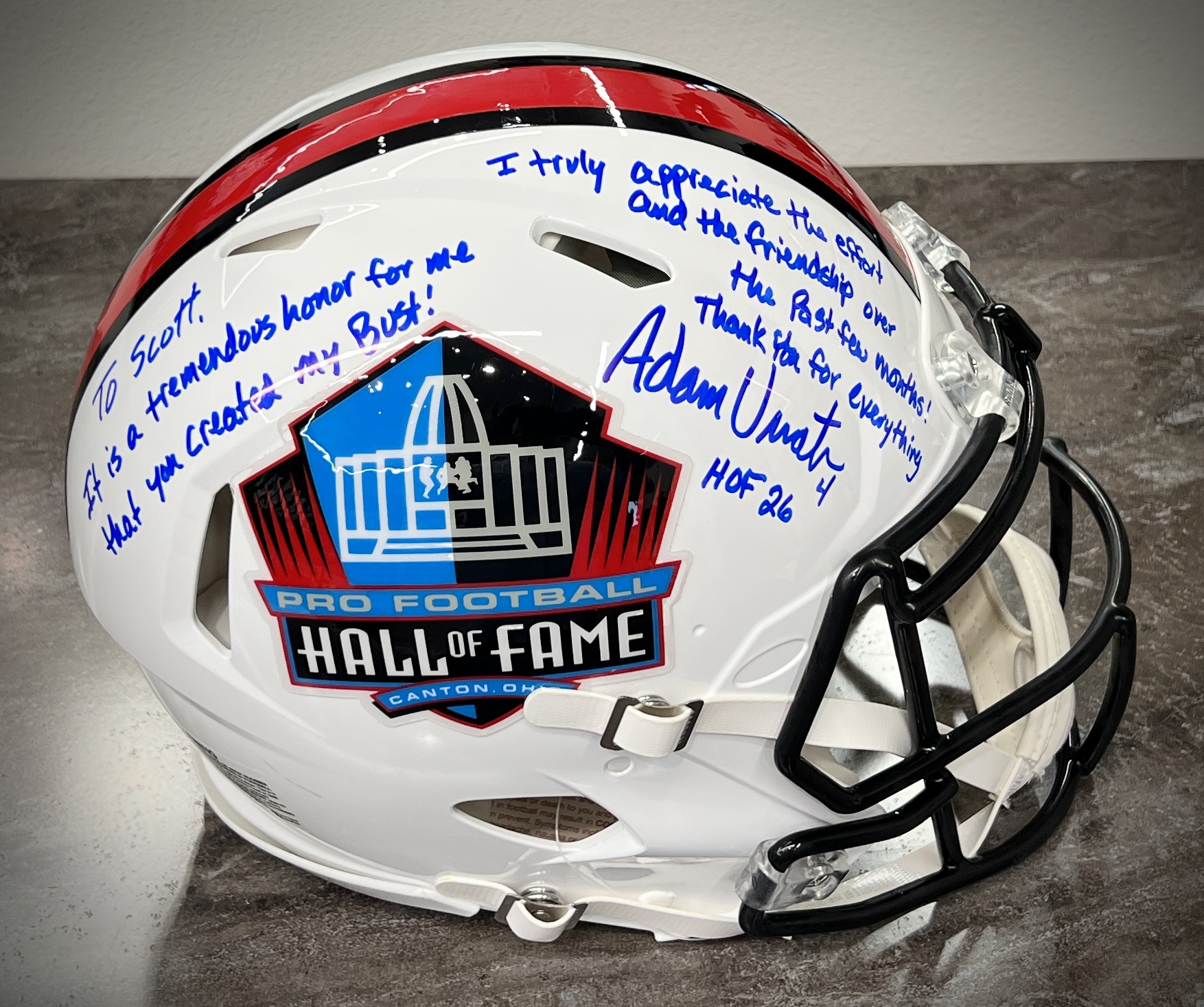 Adam Vinatieri signed Pro Football Hall of Fame helmet presented to Scott Myers