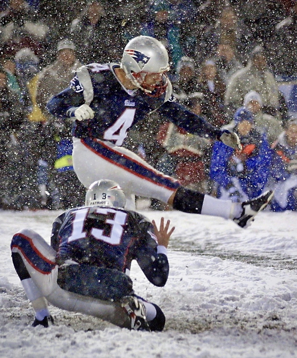 Adam Vinatieri kicking for the New England Patriots in the snow