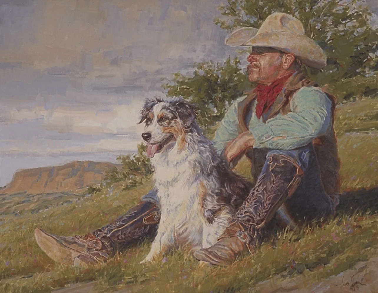 Buster and Blue, an oil painting of a cowboy and his dog by Scott Myers