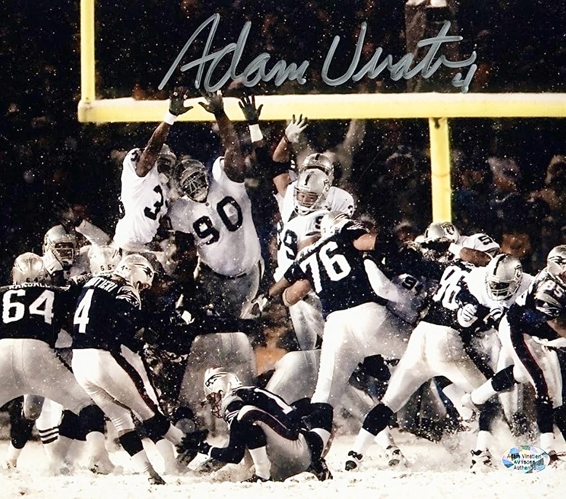 Autographed photograph of Adam Vinatieri kicking for the New England Patriots